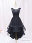 A Line Lace Tulle Black Short Prom Dress, High Low Black Homecoming Dresses