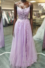 A Line Lavender Lace Long Prom Dresses, Lilac Lace Formal Dresses, Lavender Evening Dresses