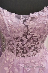 A Line Lavender Lace Long Prom Dresses, Lilac Lace Formal Dresses, Lavender Evening Dresses