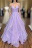 A-Line Lavender Shiny Tulle Prom Dresses, Long Spaghetti Strap Evening Dresses