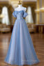 A Line Light Blue and Pink Long Prom Dress, Blue Prom Dress