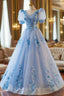 A Line Light Blue Tulle With Lace Short Sleeves Prom Dress, Tulle Sweet 16 Dresses