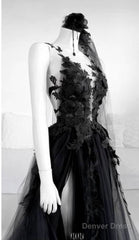 A Line Long Black Tulle Lace Prom Dress