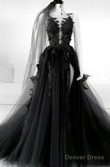 A Line Long Black Tulle Lace Prom Dress