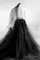 A Line Long Black Tulle Lace Prom Dress