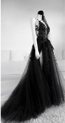 A Line Long Black Tulle Lace Prom Dress