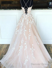 A Line Long Lace Prom Dresses Spaghetti Straps Sleeveless