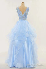 A-Line Long Layers Lace Prom Dresses Light Blue Beaded Appliques