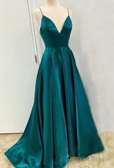 A Line Long Satin Emerald Green Prom Dresses With Split