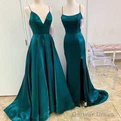 A Line Long Satin Emerald Green Prom Dresses With Split