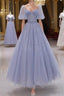 A Line Long sleeves Beading Gray Blue Long Prom Dress, Gray Blue Prom Dresses