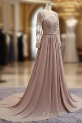 A Line Long Sleeves Lace Prom Dresses Chiffon Evening Gown