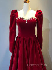 A Line Long Sleeves Red Velvet Prom Dresses