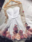 A Line Long Sleeves Short White Floral Prom Dress, Short White Floral Graduation Homecoming Dresses