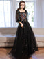 A Line long sleeves Tulle Lace Black Long Prom Dress, Black Lace Long Prom Dresses