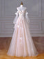 A-Line Long Sleeves Tulle Lace Champagne Long Prom Dresses, Champagne Long Formal Dresses