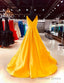A Line Long V Neck Sleeveless Yellow Prom Dresses