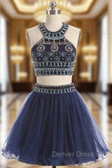A-line Navy Blue Halter Tulle Beading Homecoming Dresses