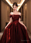 A Line Off Shoulder Beaded Wine Red Satin Prom Dress, Wine Red Prom Dresses