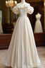 A Line Off Shoulder Beige Taffeta Long Prom Dress, Beige Prom Dresses