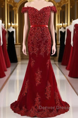 A Line Off Shoulder Burgundy Lace Prom Dresses, Burgundy Lace Formal Dresses, Bridesmaid Dresses