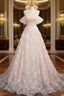 A Line Off Shoulder Flowers Lace Prom Dress, Long Prom Dresses
