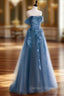 A Line Off Shoulder Gray Blue Tulle Long Prom Dress, Gray Blue Long Prom Dresses