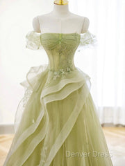 A Line Off Shoulder Green Tulle Long Prom Dresses