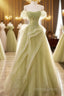A Line Off Shoulder Green Tulle Long Prom Dresses