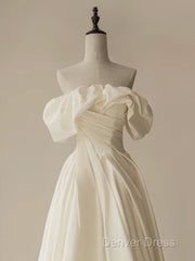 A-Line Off Shoulder Ivory Satin Long Prom Dresses, Ivory Long Formal Dresses