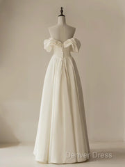 A-Line Off Shoulder Ivory Satin Long Prom Dresses, Ivory Long Formal Dresses