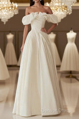 A-Line Off Shoulder Ivory Satin Long Prom Dresses, Ivory Long Formal Dresses