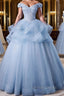 A Line Off Shoulder Lace Tulle Blue Long Prom Dress, Blue Sweet 16 Dresses