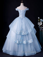 A-Line Off Shoulder Lace Tulle Blue Long Prom Dresses, Blue Sweet 16 Dresses