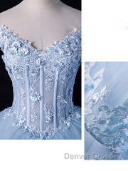 A-Line Off Shoulder Lace Tulle Blue Long Prom Dresses, Blue Sweet 16 Dresses