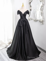 A-Line Off Shoulder Satin Black Long Prom Dress, Black Long Formal Dress