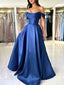 A-Line Off Shoulder Satin Blue Long Prom Dresses, Blue Long Evening Dresses