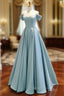 A Line Off Shoulder Satin Blue Long Prom Dress, Blue Long Prom Dresses