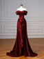A-Line Off Shoulder Satin. Burgundy Long Prom Dresses, Burgundy Long Evening Dresses