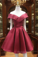 A-Line Off Shoulder Satin Burgundy Short Prom Dresses, Burgundy Homecoming Dresses