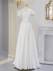 A-Line Off Shoulder Satin ivory Long Prom Dress, Ivory Long Bridesmaid Dress