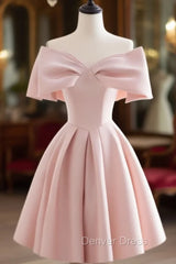 A-Line Off Shoulder Satin Pink Short Prom Dresses, Pink Homecoming Dresses