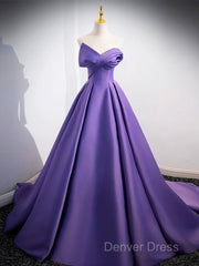A-Line Off Shoulder Satin Purple Long Prom Dresses, Purple Long Evening Dresses