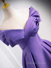 A-Line Off Shoulder Satin Purple Long Prom Dresses, Purple Long Evening Dresses