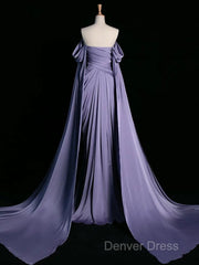 A-Line Off Shoulder Satin Purple Long Prom Dresses, Purple Long Formal Dresses