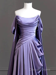 A-Line Off Shoulder Satin Purple Long Prom Dresses, Purple Long Formal Dresses