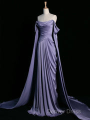 A-Line Off Shoulder Satin Purple Long Prom Dresses, Purple Long Formal Dresses