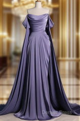A-Line Off Shoulder Satin Purple Long Prom Dresses, Purple Long Formal Dresses