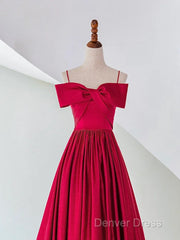 A-Line Off Shoulder Satin Red Long Prom Dresses, Red Evening Dresses
