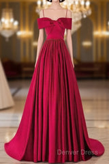 A-Line Off Shoulder Satin Red Long Prom Dresses, Red Evening Dresses